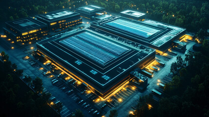 Aerial view of a large, modern building complex surrounded by trees.