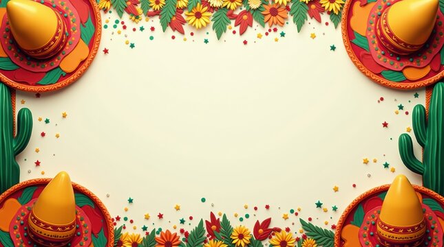 Cinco de Mayo festive banner with vibrant colors and Mexican-themed decorations, ideal for celebration announcements or event promotions.