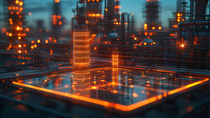 Industrial landscape with glowing structures and pipelines at dusk.