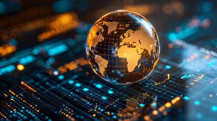 A globe reflecting digital connections and glowing lights.