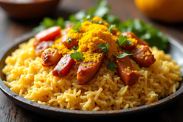 Delicious rice dish with sausages kitchen food photography rustic setting close-up view