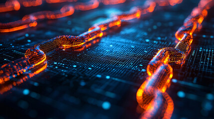 Digital chain links glowing amidst a tech background of data and connections.