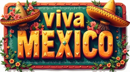Colorful "Viva Mexico" sign with Mexican-themed decorations like sombreros and maracas, perfect for celebrating Mexican culture or events.