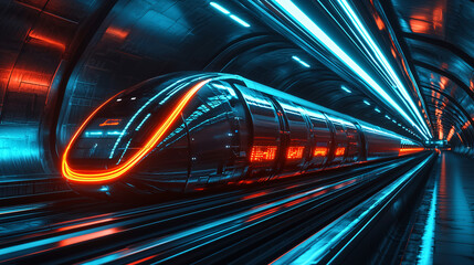 Futuristic train in a neon-lit tunnel showcasing modern transport.