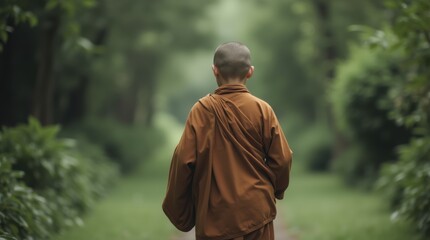 Young monk walking through a garden with a blurred green background, in soft grayscale for a tranquil youthful journey