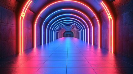 Futuristic tunnel illuminated with colorful neon lights.