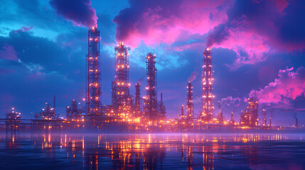 Futuristic industrial skyline reflecting in water under vibrant skies.