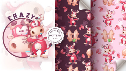 Cartoon character pretty animal cow dino - seamless pattern