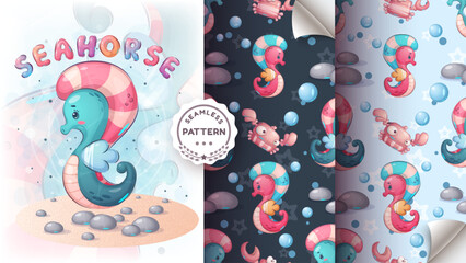Cartoon character adorable cartoon character seahorse - seamless pattern