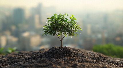 A small tree grows on rocky terrain with a blurred city skyline behind it.
