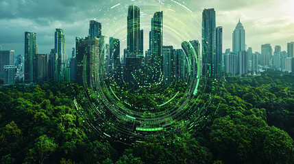 Urban skyline surrounded by lush greenery and a digital overlay effect.