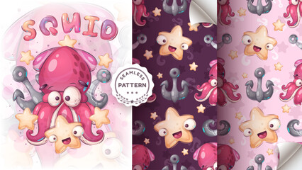 Seamless pattern cartoon character adorable squid, pretty animal idea for print t-shirt, poster and kids envelope, postcard. Cute hand drawn style sea ​​creatures