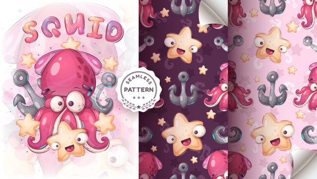 Seamless pattern cartoon character adorable squid, pretty animal idea for print t-shirt, poster and kids envelope, postcard. Cute hand drawn style sea ​​creatures