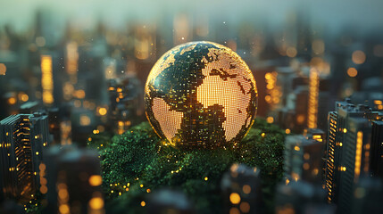 A glowing globe amidst a cityscape, symbolizing global connectivity and urban life.
