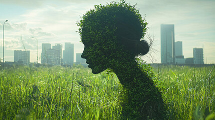 Silhouette of a woman blended with greenery against a city skyline.