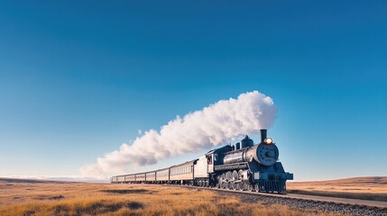 Obraz premium lonely vintage steam locomotive traverses through empty expansive countryside landscape wisps of steam trail behind