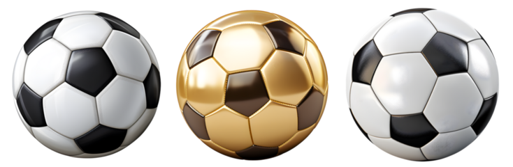 Collection of realistic soccer balls including gold and black and white footballs on transparent background	
