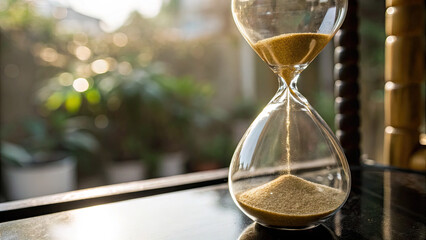 Close-up of an hourglass with golden sand flowing on a sleek black surface, symbolizing the passage of time and the importance of managing moments effectively.
