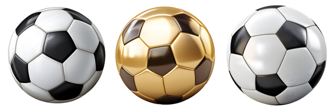 Collection of realistic soccer balls including gold and black and white footballs on transparent background	
