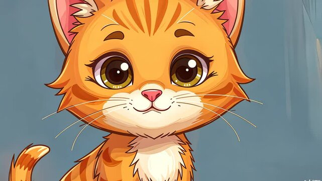 Cute cartoon orange kitten with big eyes smiling on blue background  