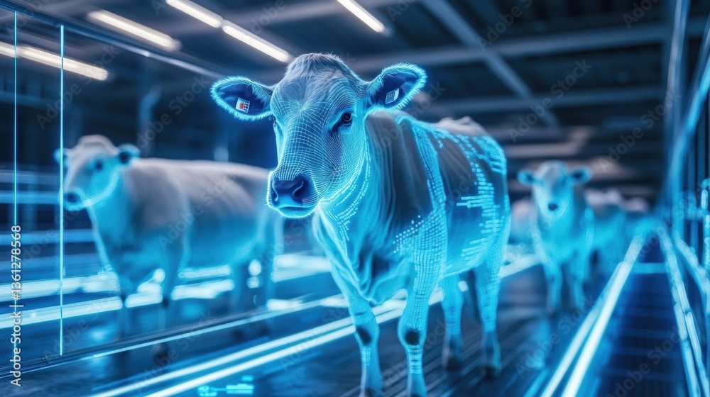 Aufkleber Futuristic smart farm showcasing cows and sheep with biometric sensors and advanced data displays in a clean environment Generative AI