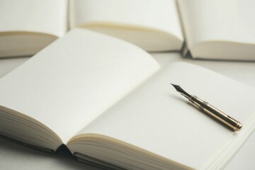 Naklejka premium close-up of open blank notebook pages and vintage metal fountain pen lying diagonally on right-hand page offering blend
