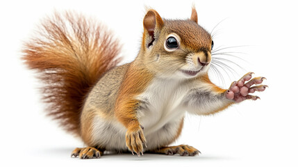 An adorable red squirrel standing upright, extending its tiny left paw in a playful high-five gesture or signal to give instructions to other red squirrels
