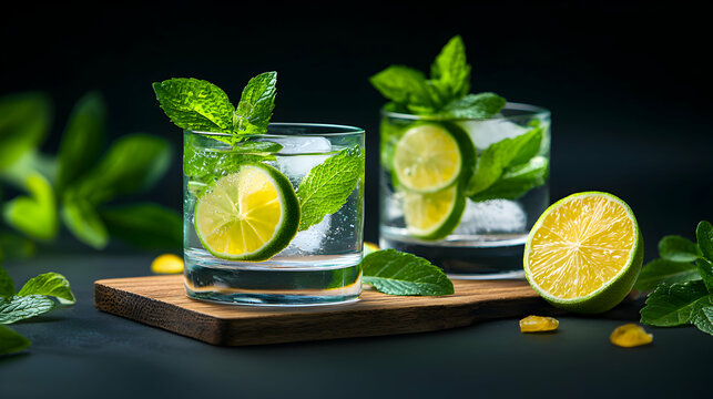 Two Refreshing Lime and Mint Cocktails on Dark Background