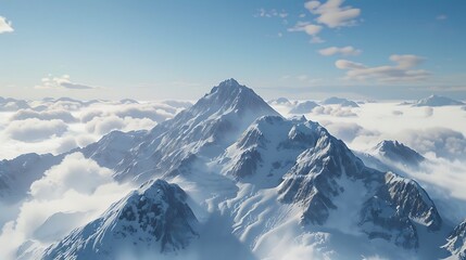Naklejka premium A majestic mountain peak covered in snow, standing tall above the clouds
