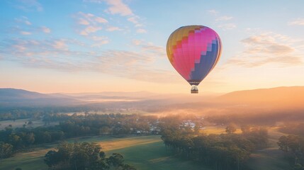 Naklejka premium Colorful Hot Air Balloon Flying Over Scenic Landscape at Sunrise with Soft Light and Misty Horizon in the Background