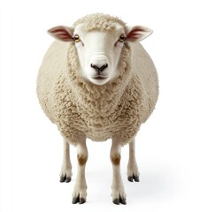 Fototapeta premium Front Facing Sheep Standing Still with White Wool on White Background