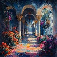 Fototapeta premium Vivid and Colorful Floral Pathway Through Classical Arched Columns in Garden Setting