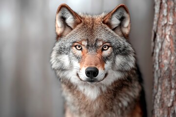 Obraz premium Wild wolf portrait captured in natural habitat during early morning light showcasing fierce expression and beautiful fur details