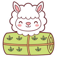 Cartoon Smiling Llama with Closed Eyes and Rosy Cheeks on Green Patterned Base