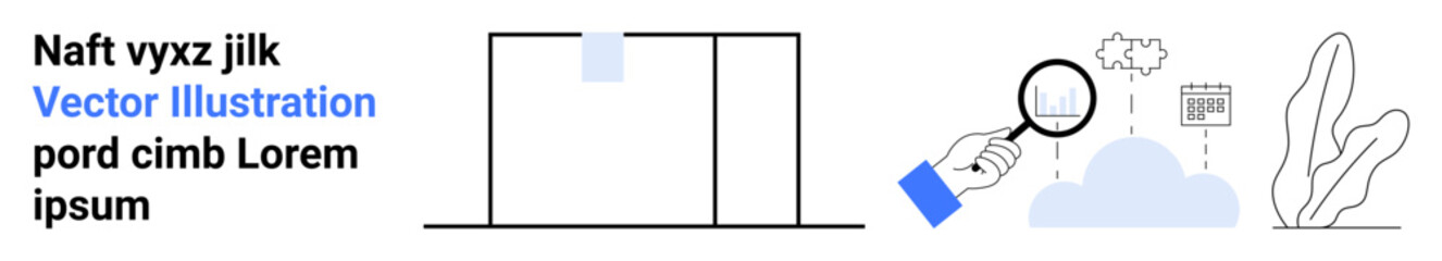 Hand examining cloud using magnifying glass near calendar, star icon, and plant element. Ideal for data analysis, cloud computing, scheduling, research, exploration, technology simple landing page