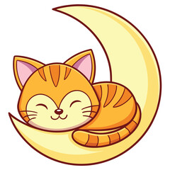 Cartoon orange tabby cat sleeping peacefully on a crescent moon, isolated on white