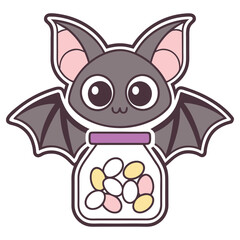 Cartoonish Bat Hugging a Jar Filled With Colorful Sweets on Isolated White BG