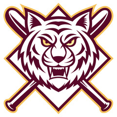 Aggressive Tiger Head with Baseball Bats Logo Maroon and Gold Sporting Emblem