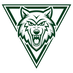 Angry Wolf Head, Roaring Wild Animal Mascot, Dark Green Triangle Outline on White
