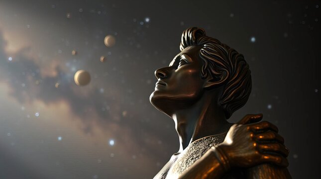 A bronze sculpture of a man gazing into a vast galaxy, cast in soft light, with a hazy antique patina finish and a soft dreamy atmosphere