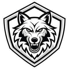 Angry Wolf Head Shield Logo, Monochrome Mascot, Snarling Animal Icon, Aggressive Style