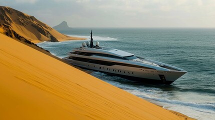 Fototapeta premium Luxury Yacht on Desert Coast: A Stunning Seascape of Contrasts