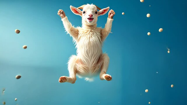 Happy goat jumping against a vibrant blue background  