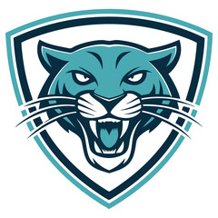 Roaring Teal Panther Inside Shield, Fierce Expression, Sharp Teeth, Aggressive Feline