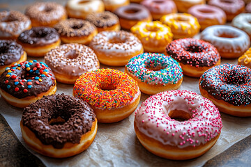 Delicious assortment of colorful glazed donuts topped with sprinkles displayed on bakery tray ready for customers
