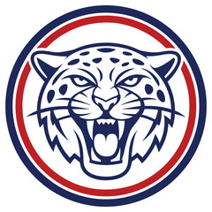 Angry Jaguar Head Mascot Logo, Blue Lineart, Red and Blue Circle Border, Isolated
