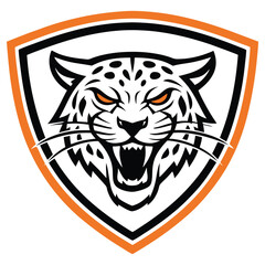 Growling Jaguar Head With Orange Eyes In Shield, Black And White,