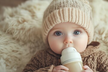 A charming baby drinking from a bottle looking at the viewer