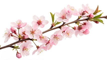 Fresh Cherry Blossom Branch with Soft Pink Flowers, Isolated on a White Background, evoking a sense of tranquility and renewal, Clean and Elegant Floral Stock Photo