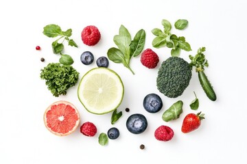 Naklejka premium captivating watercolor illustration showcasing assortment of seasonal fruits and vegetables arranged aesthetically